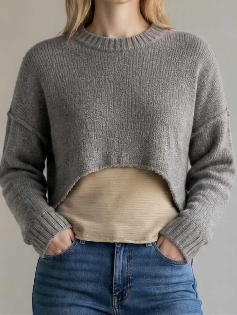 Mustard Seed Gray Cropped Chunky Knit Sweater | Oversized Drop Shoulder Cozy Pul
